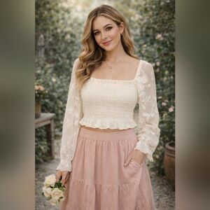 Charmed Hearts Cream Smocked Embroidered Blouse Large